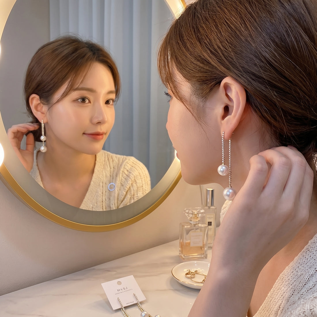 Double Pearl Drop Earrings – Rhinestone Bar Ear Threader