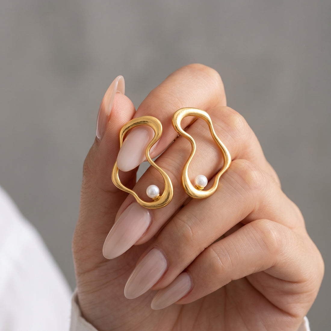Gold Wavy Abstract Stud Earrings with Pearl | 18K Matte Gold Plated | Titanium Steel