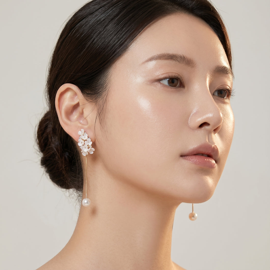 White Floral Cascade Pearl Drop Earrings – Long Chain