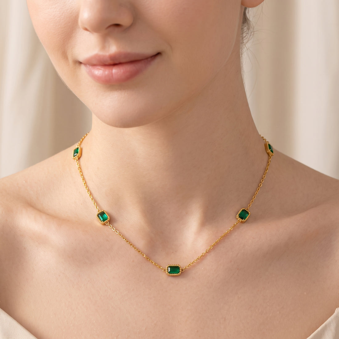 Gold Emerald Station Necklace – 18K Gold Plated Stainless Steel