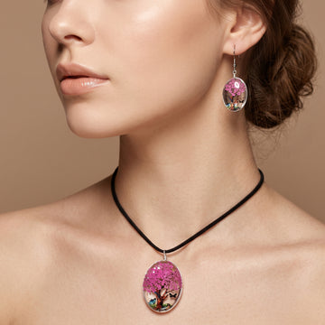 Real Pressed Flower Tree of Life Necklace & Earring Set – Magenta