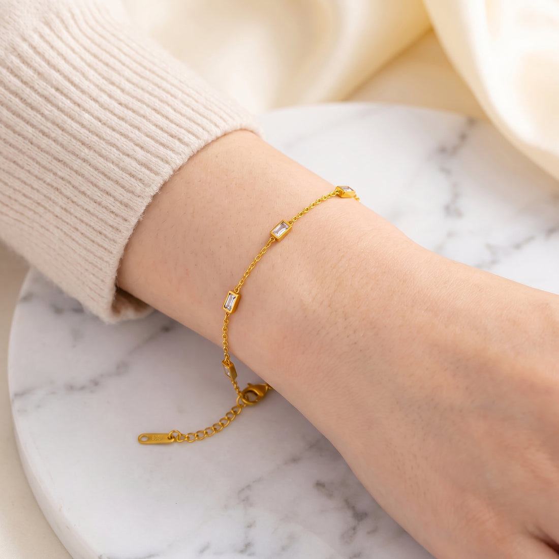 18K Gold Plated Stainless Steel Bracelet – Square Diamond CZ Station Chain Bracelet, Adjustable, Waterproof