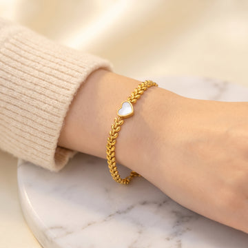 18K Gold Plated Stainless Steel Heart Bracelet – Mother-of-Pearl Heart Charm, Leaf Chain Design, Waterproof