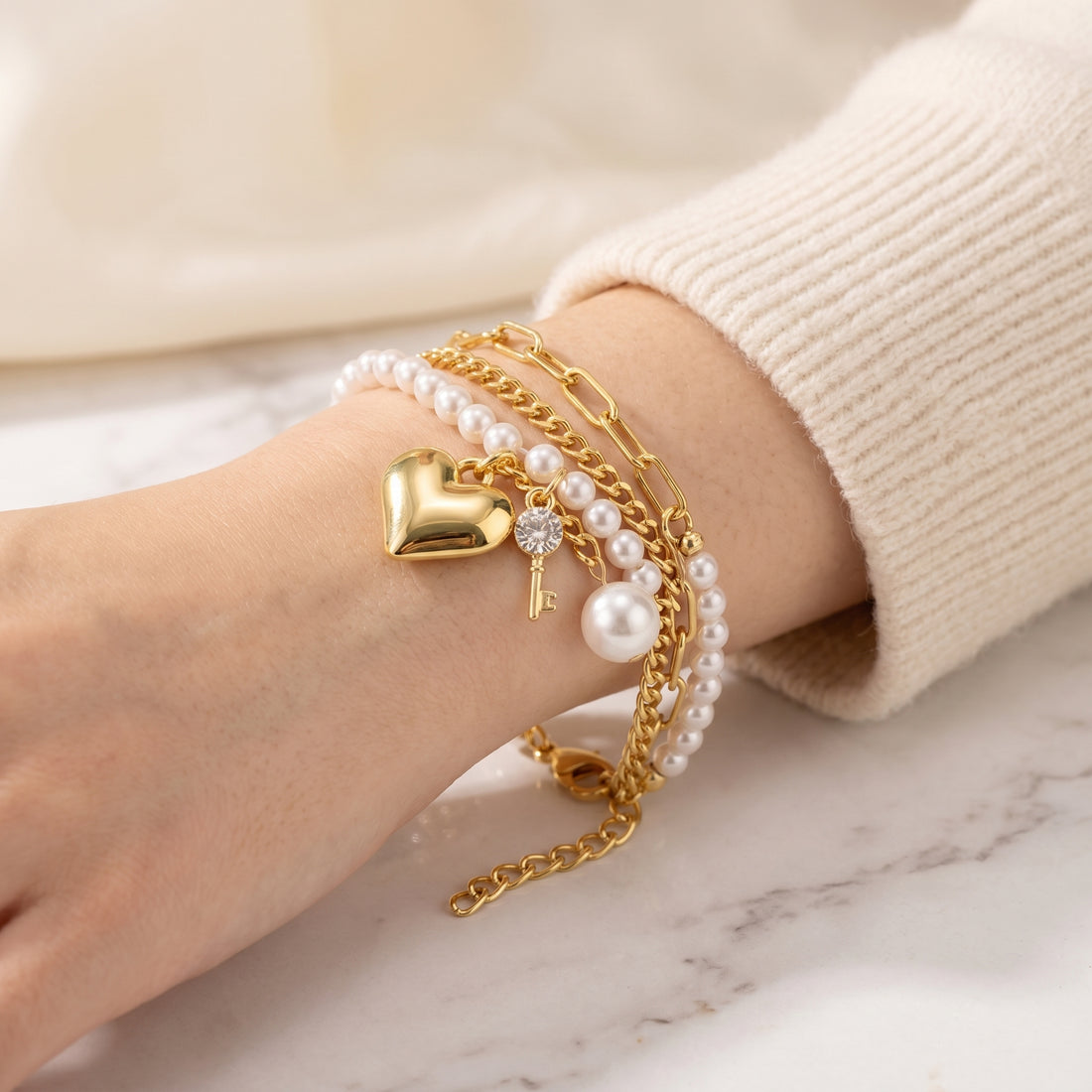 Multi-Layer Pearl Charm Bracelet – Heart, Key & Pearl Charms, Gold Chain Stack Bracelet