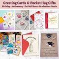 May include: A collection of greeting cards and pocket hug gifts featuring heart-shaped tokens, floral designs, birthday themes, and a graduation charm. The cards include text such as Happy Birthday, Get Well Soon, and Going Places.