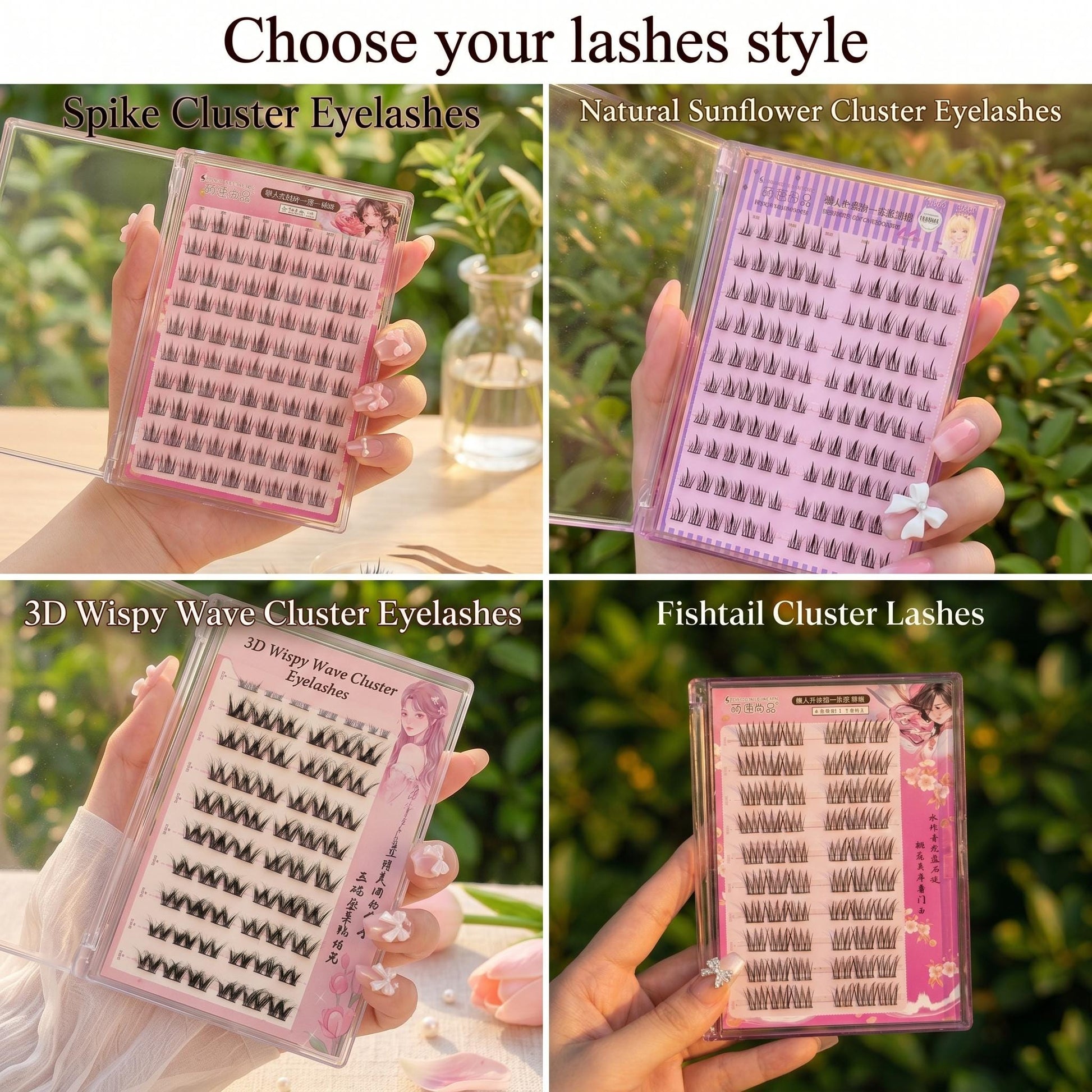 May include: Four clear plastic cases containing various styles of false eyelash clusters. The text labels include Spike Cluster Eyelashes, Natural Sunflower Cluster Eyelashes, 3D Wispy Wave Cluster Eyelashes, and Fishtail Cluster Lashes.